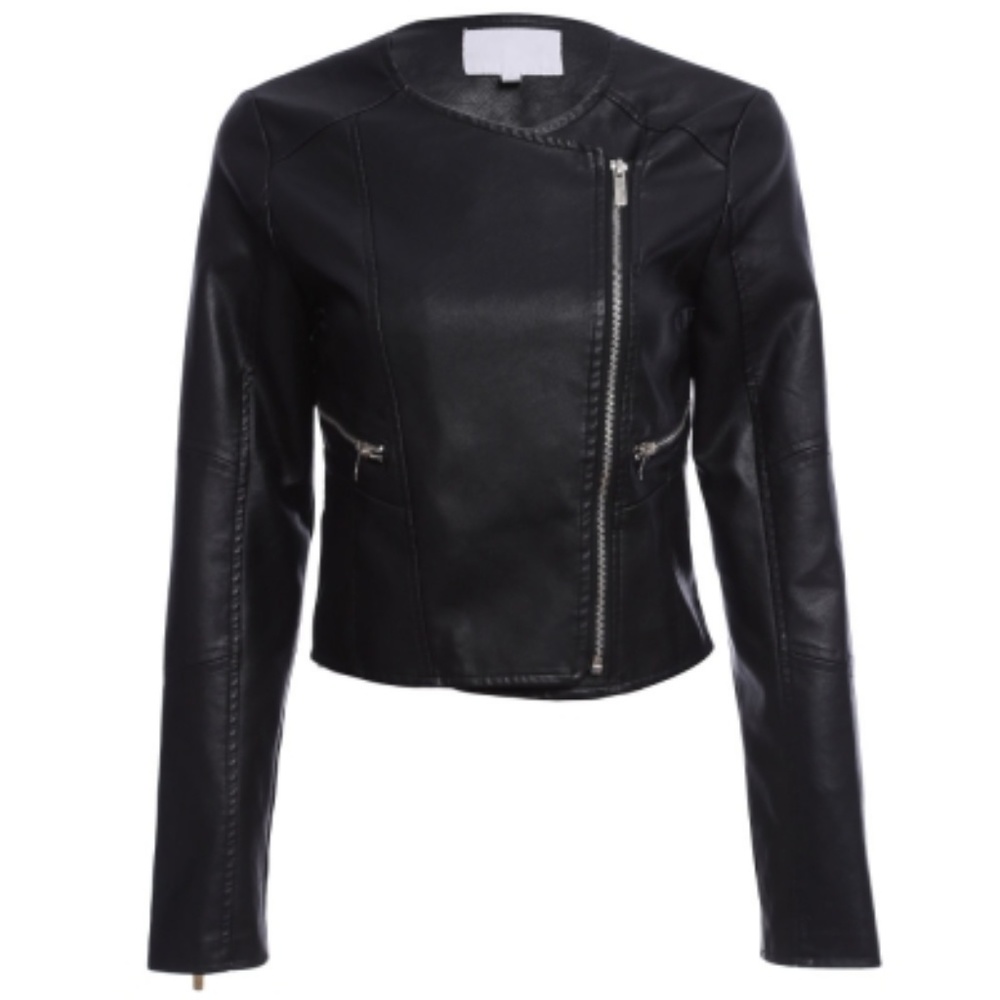 Faux Leather Biker Moto Jacket in Black - Picture 1 of 6